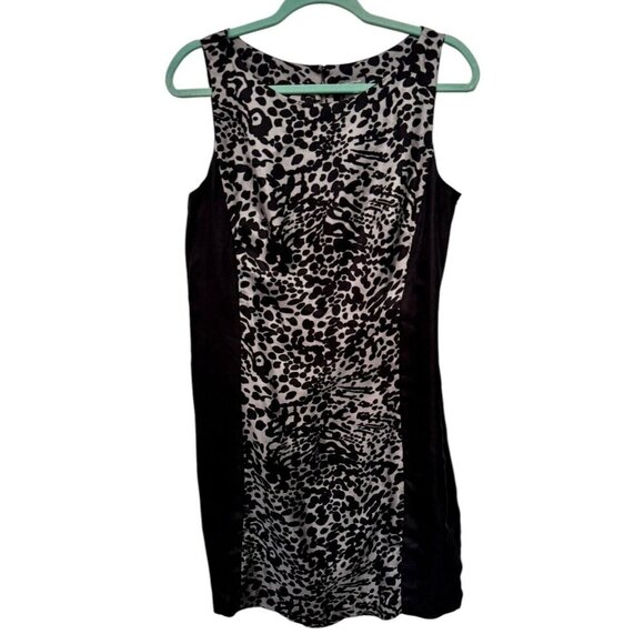 Ann Taylor Shift Dress 100% silk black / gray leopard animal print Sleeveless 10 - Picture 1 of 8